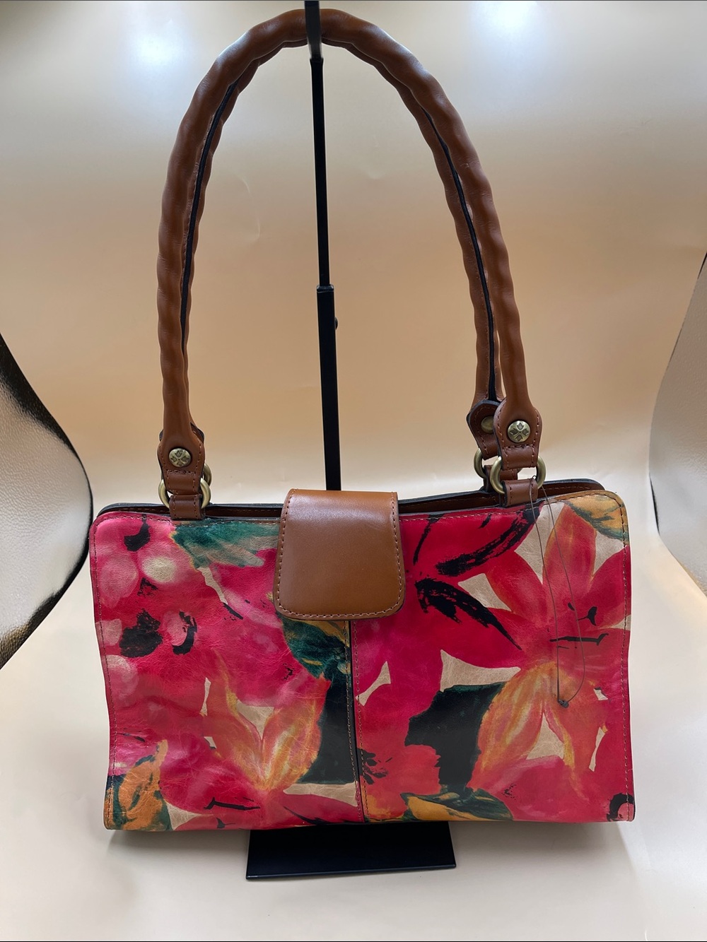 Patricia Nash Pink Floral Shoulder Bag with Brown Leather Trim